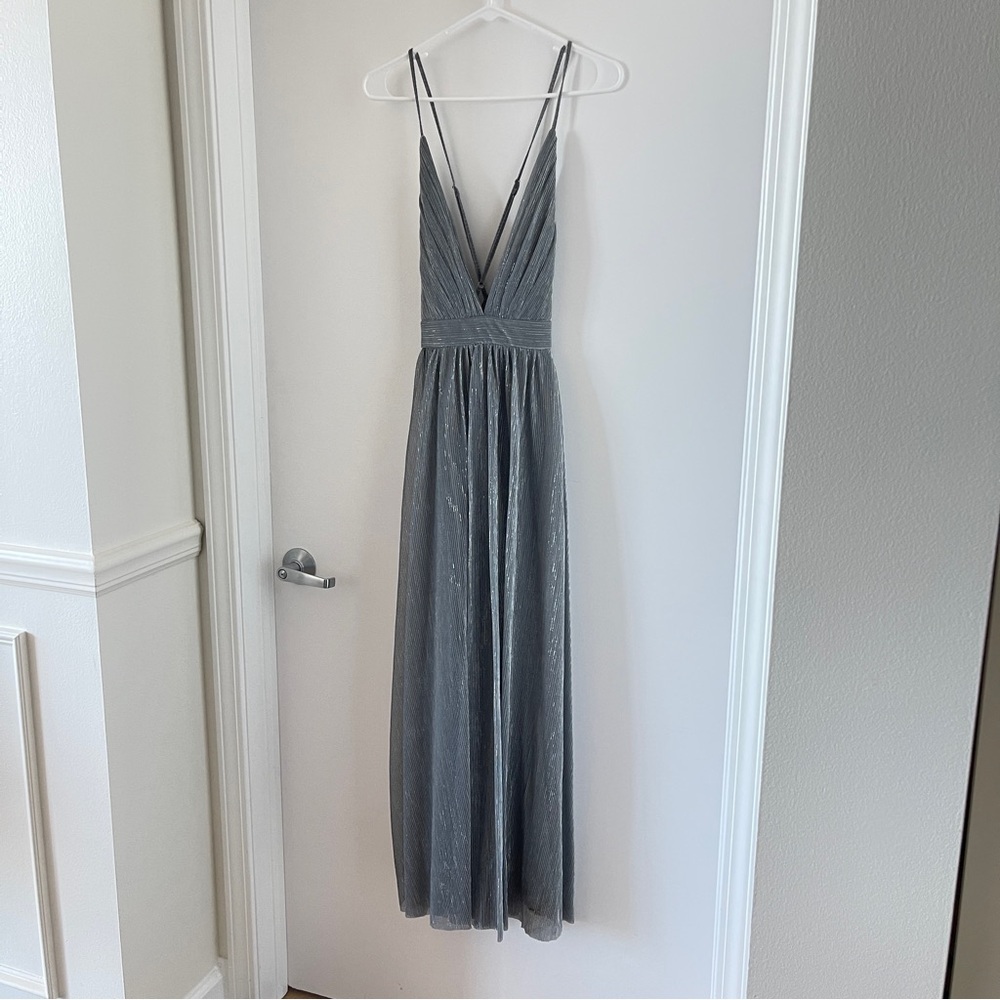 Maxi Metalic Silver Formal Prom Dress V-neck